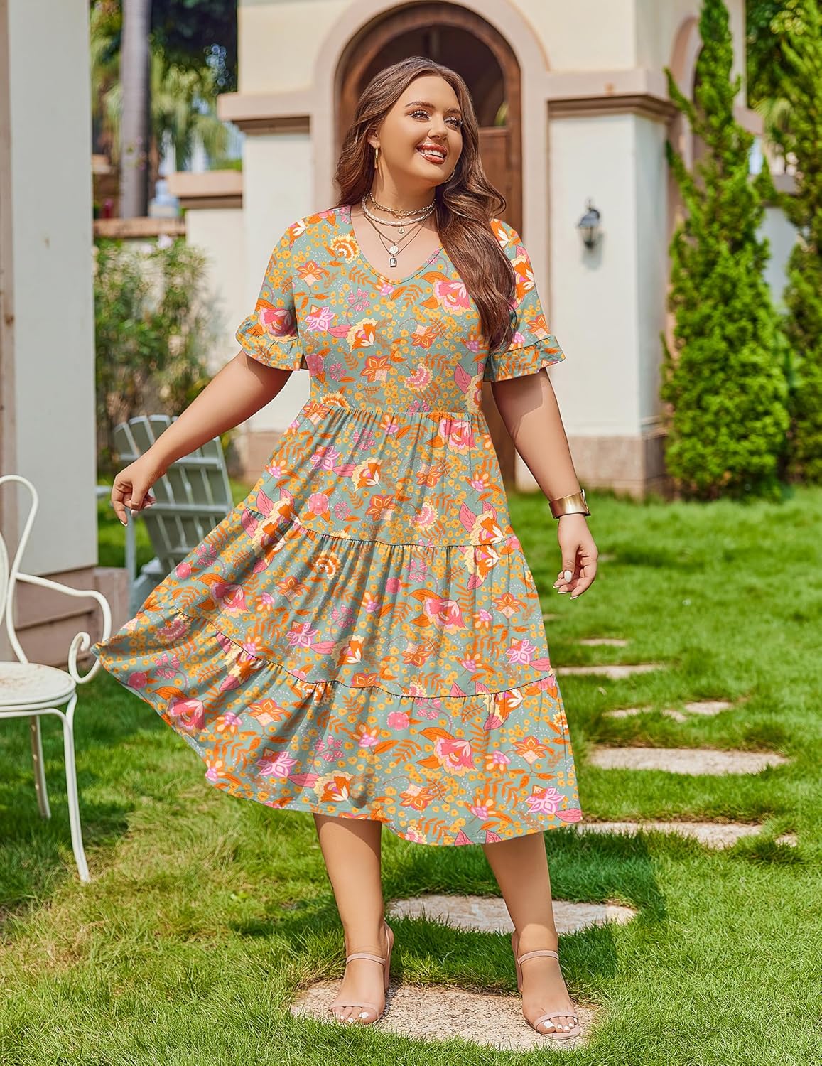 Womens Plus Size Short Sleeve Dress Summer Midi Casual Tiered V-Neck Aline Flowy Loose Dresses