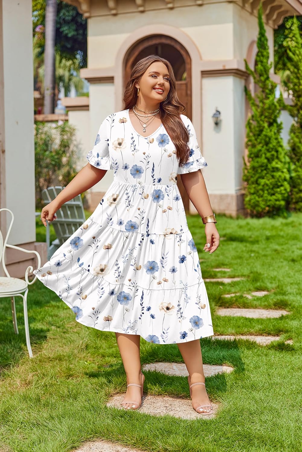 Womens Plus Size Short Sleeve Dress Summer Midi Casual Tiered V-Neck Aline Flowy Loose Dresses