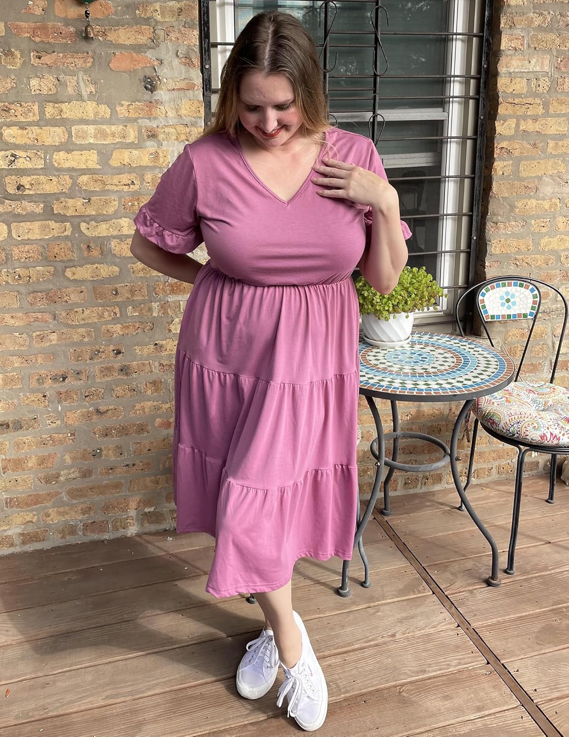 Womens Plus Size Short Sleeve Dress Summer Midi Casual Tiered V-Neck Aline Flowy Loose Dresses