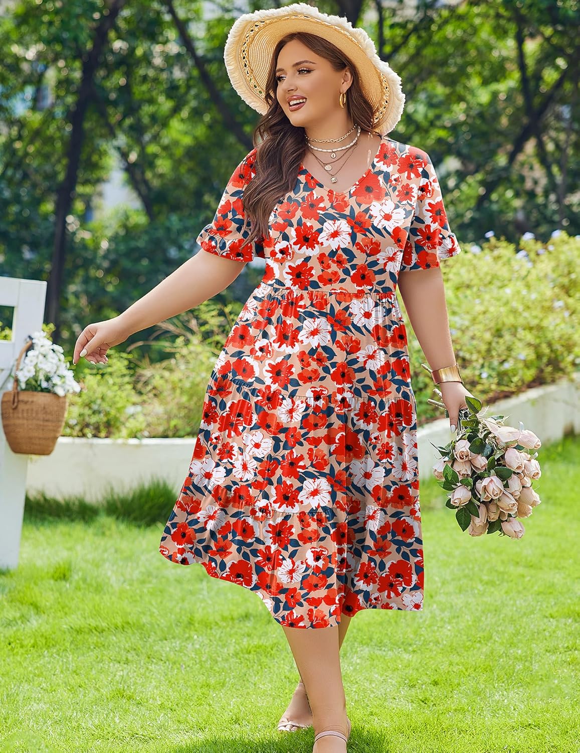 Womens Plus Size Short Sleeve Dress Summer Midi Casual Tiered V-Neck Aline Flowy Loose Dresses