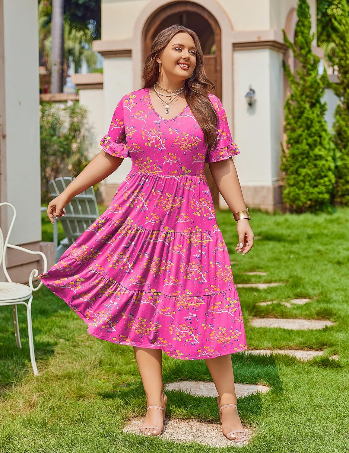 Womens Plus Size Short Sleeve Dress Summer Midi Casual Tiered V-Neck Aline Flowy Loose Dresses