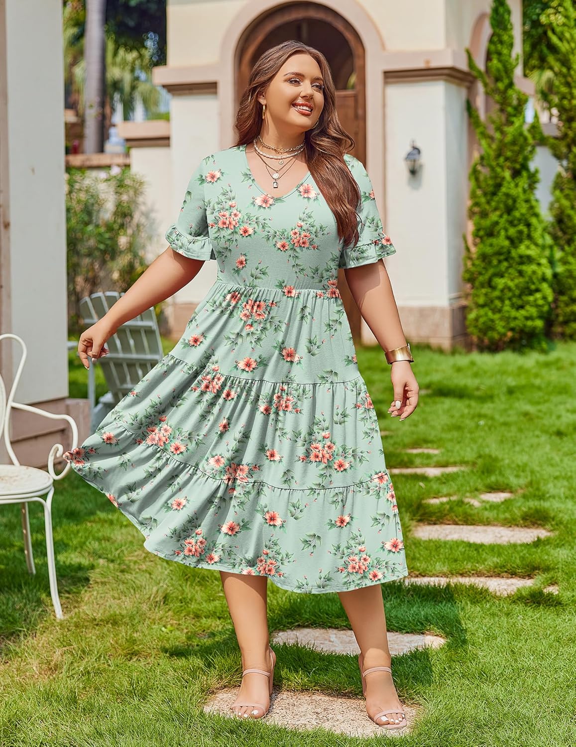 Womens Plus Size Short Sleeve Dress Summer Midi Casual Tiered V-Neck Aline Flowy Loose Dresses