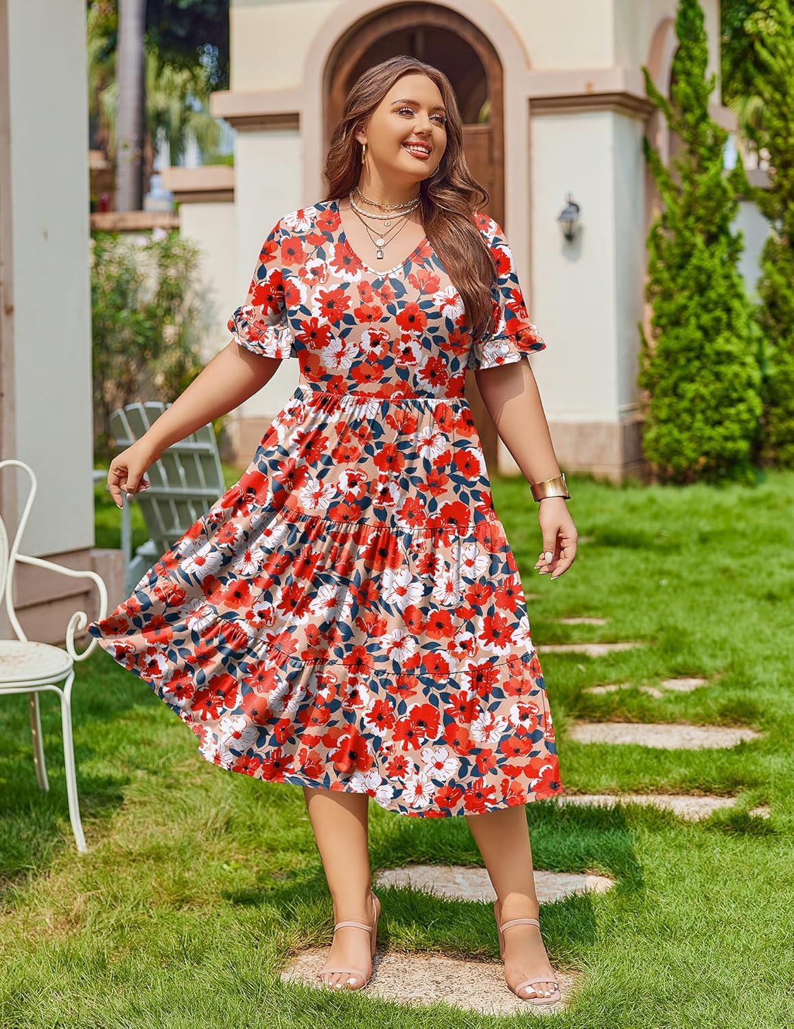 Womens Plus Size Short Sleeve Dress Summer Midi Casual Tiered V-Neck Aline Flowy Loose Dresses