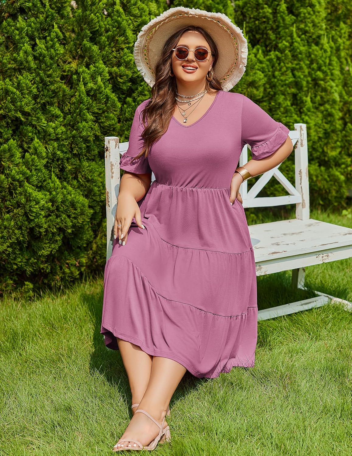 Womens Plus Size Short Sleeve Dress Summer Midi Casual Tiered V-Neck Aline Flowy Loose Dresses