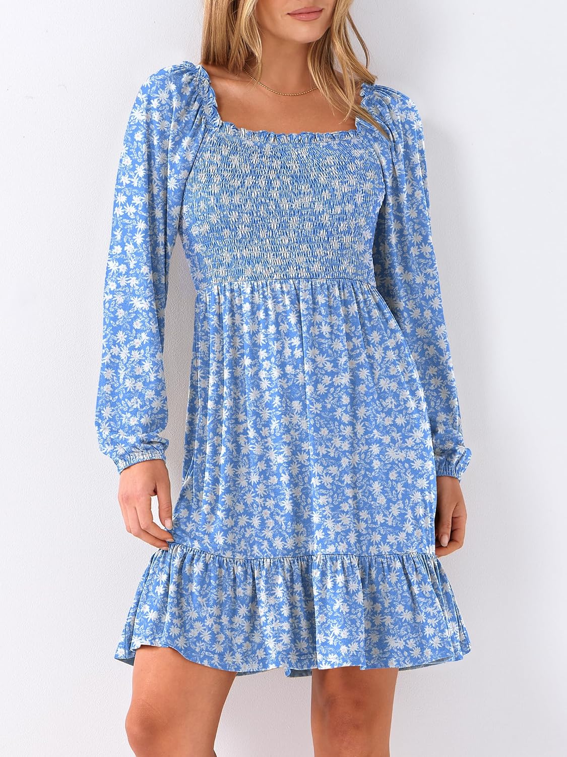 Womens Long Lantern Sleeve Square Neck Dress Smocked Tiered High Waist Ruffle Flowy Swing 2025