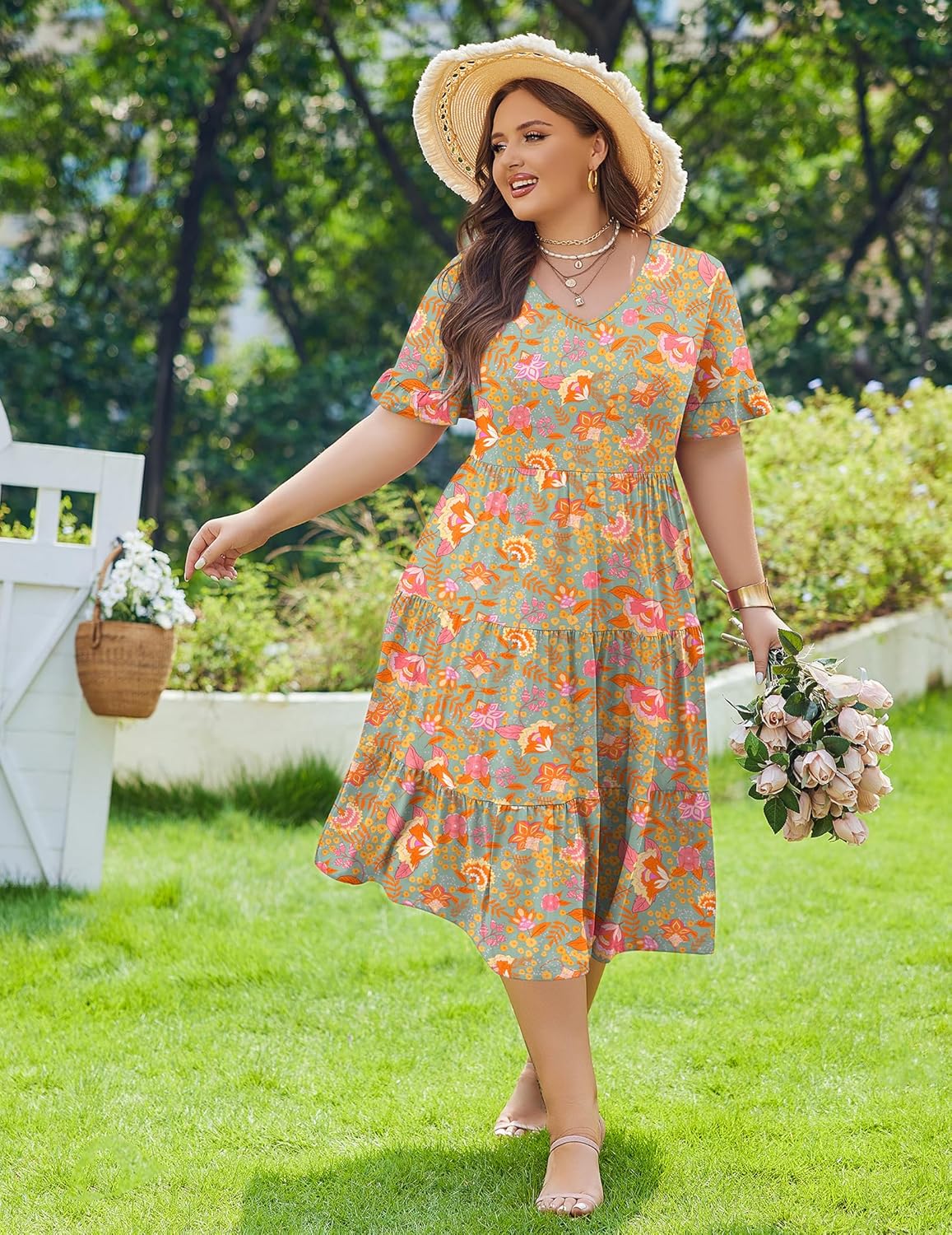 Womens Plus Size Short Sleeve Dress Summer Midi Casual Tiered V-Neck Aline Flowy Loose Dresses