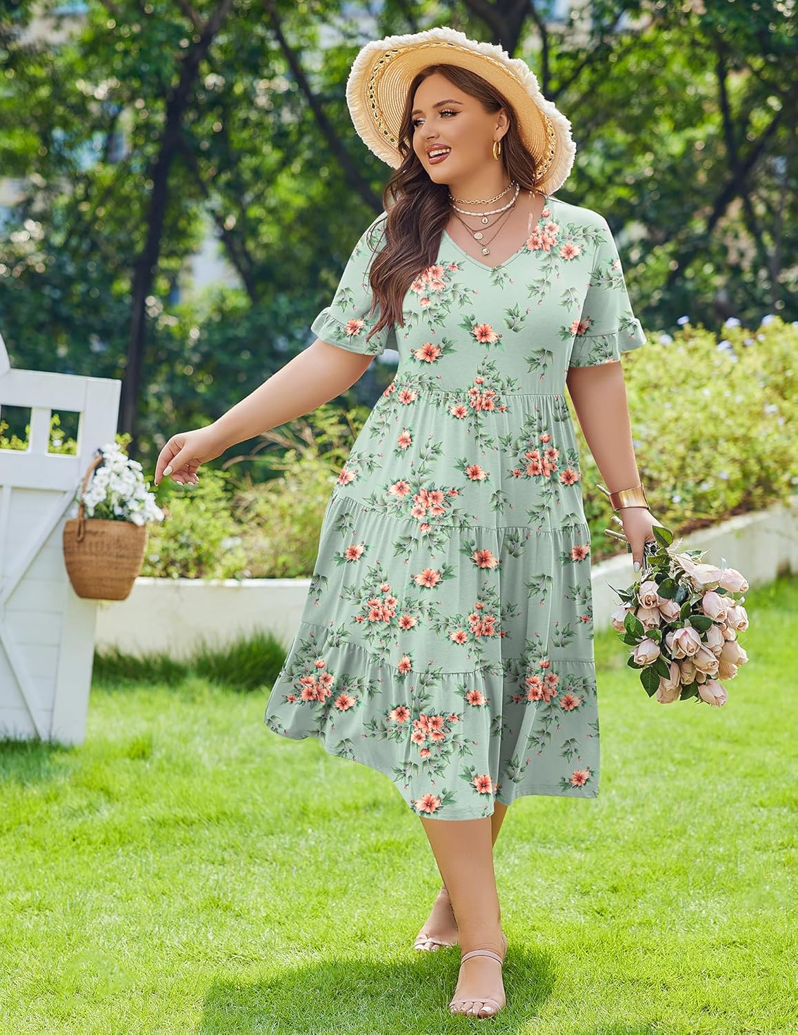 Womens Plus Size Short Sleeve Dress Summer Midi Casual Tiered V-Neck Aline Flowy Loose Dresses