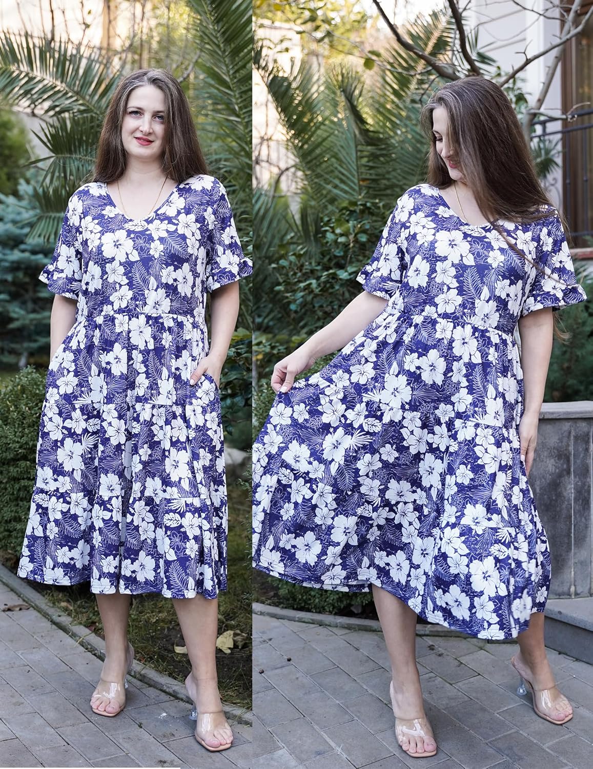 Womens Plus Size Short Sleeve Dress Summer Midi Casual Tiered V-Neck Aline Flowy Loose Dresses