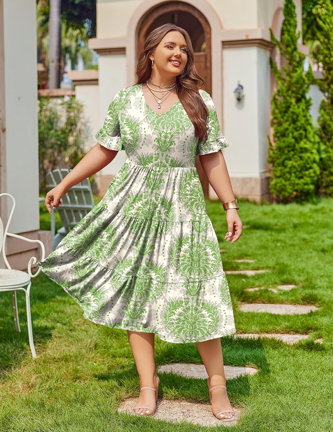 Womens Plus Size Short Sleeve Dress Summer Midi Casual Tiered V-Neck Aline Flowy Loose Dresses