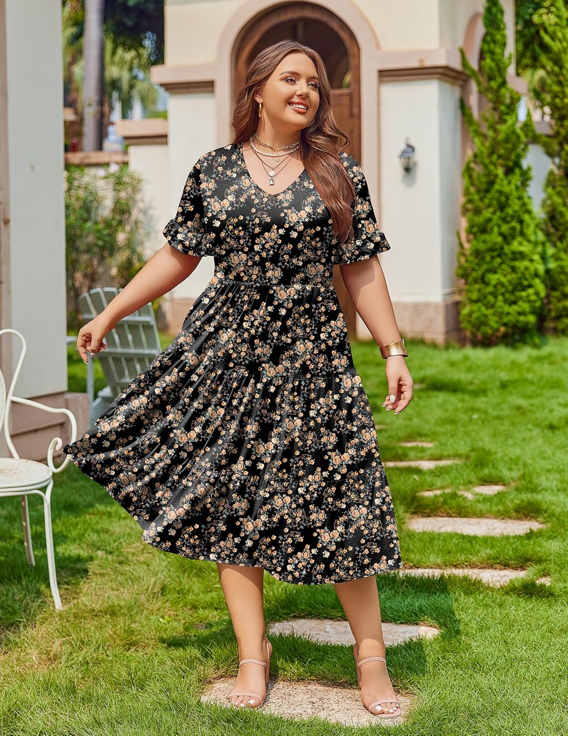Womens Plus Size Short Sleeve Dress Summer Midi Casual Tiered V-Neck Aline Flowy Loose Dresses