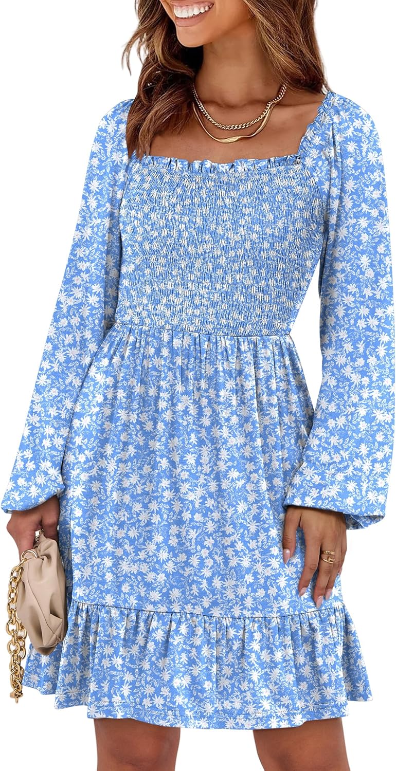 Womens Long Lantern Sleeve Square Neck Dress Smocked Tiered High Waist Ruffle Flowy Swing 2025