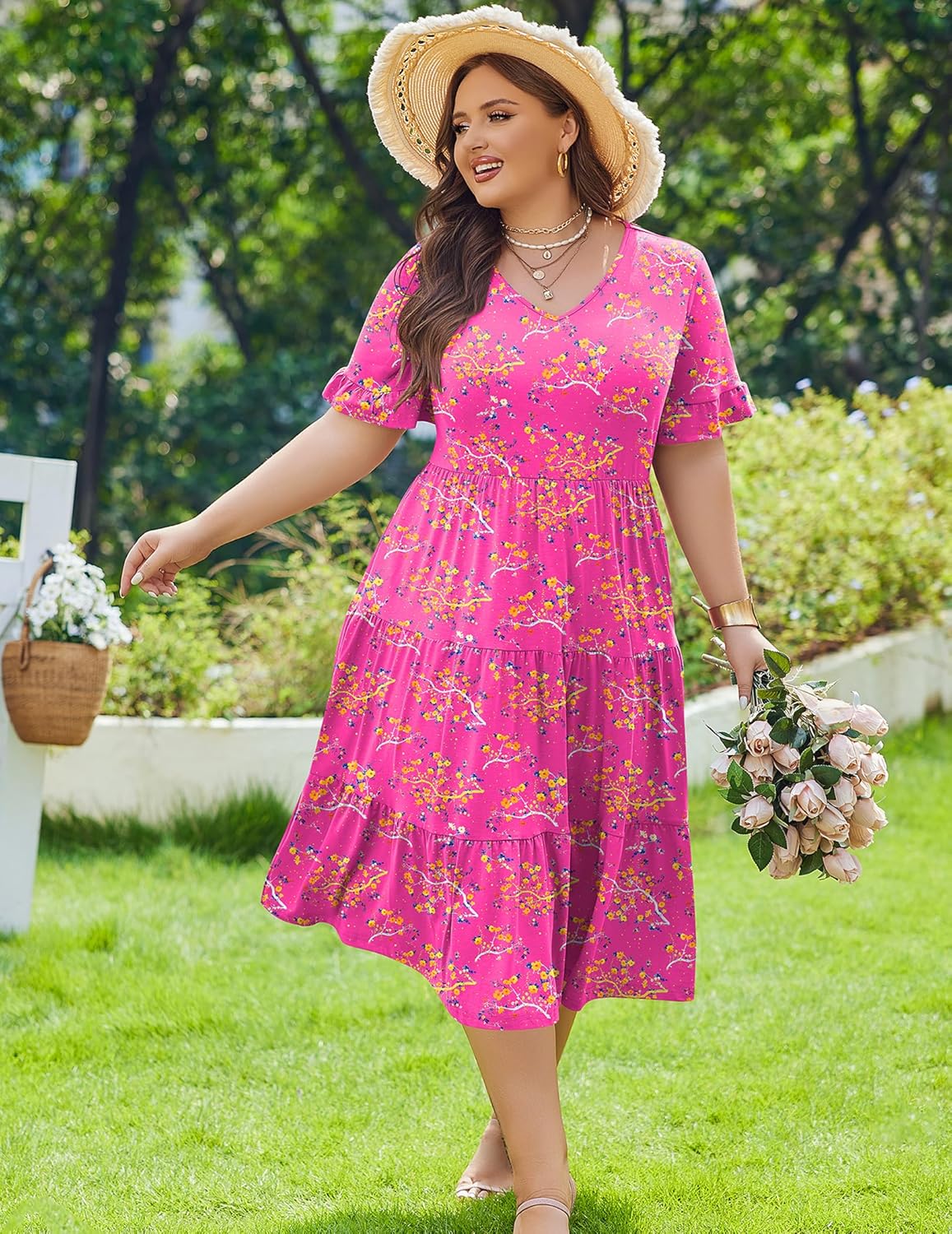 Womens Plus Size Short Sleeve Dress Summer Midi Casual Tiered V-Neck Aline Flowy Loose Dresses
