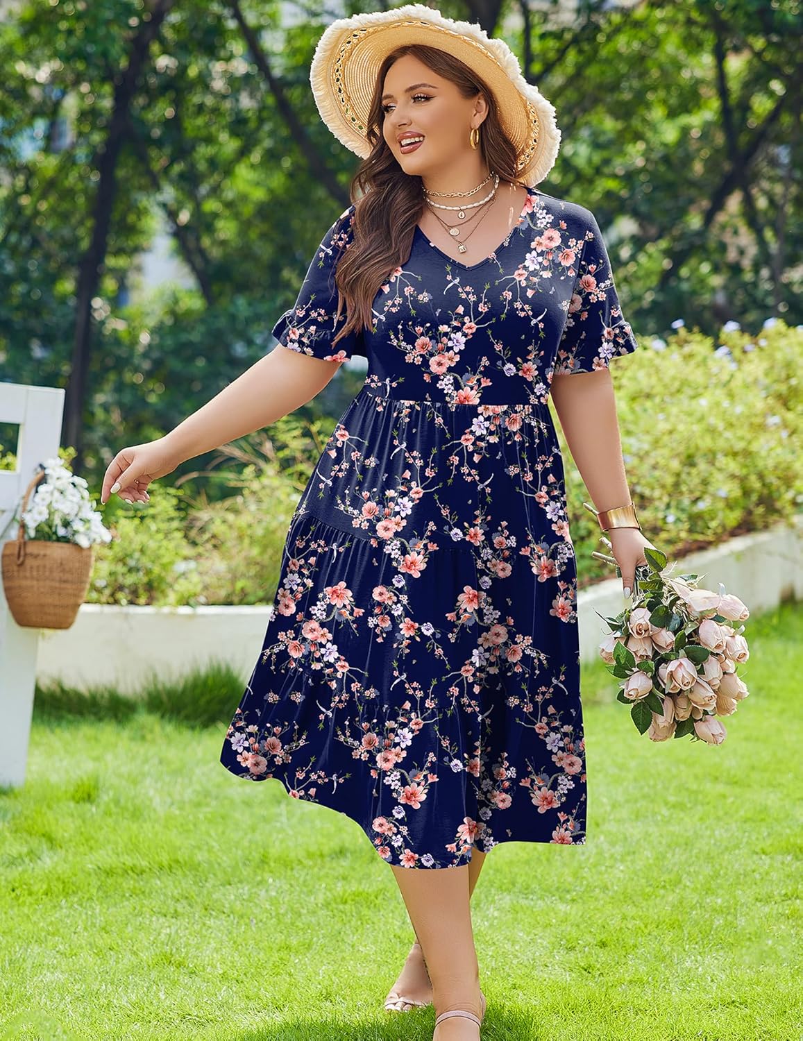 Womens Plus Size Short Sleeve Dress Summer Midi Casual Tiered V-Neck Aline Flowy Loose Dresses