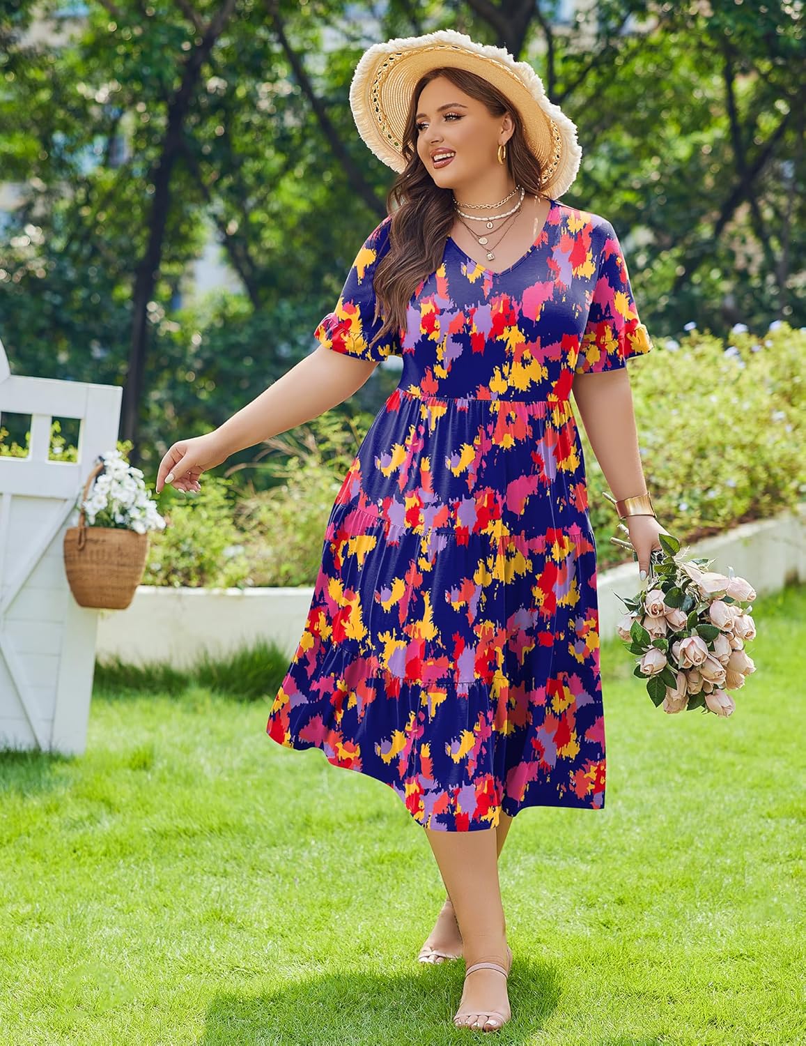 Womens Plus Size Short Sleeve Dress Summer Midi Casual Tiered V-Neck Aline Flowy Loose Dresses