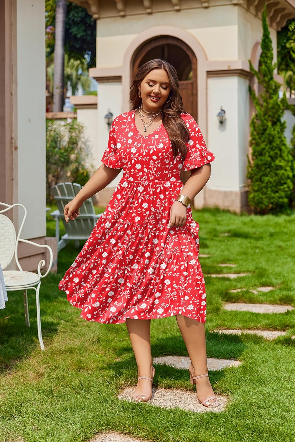 Womens Plus Size Short Sleeve Dress Summer Midi Casual Tiered V-Neck Aline Flowy Loose Dresses