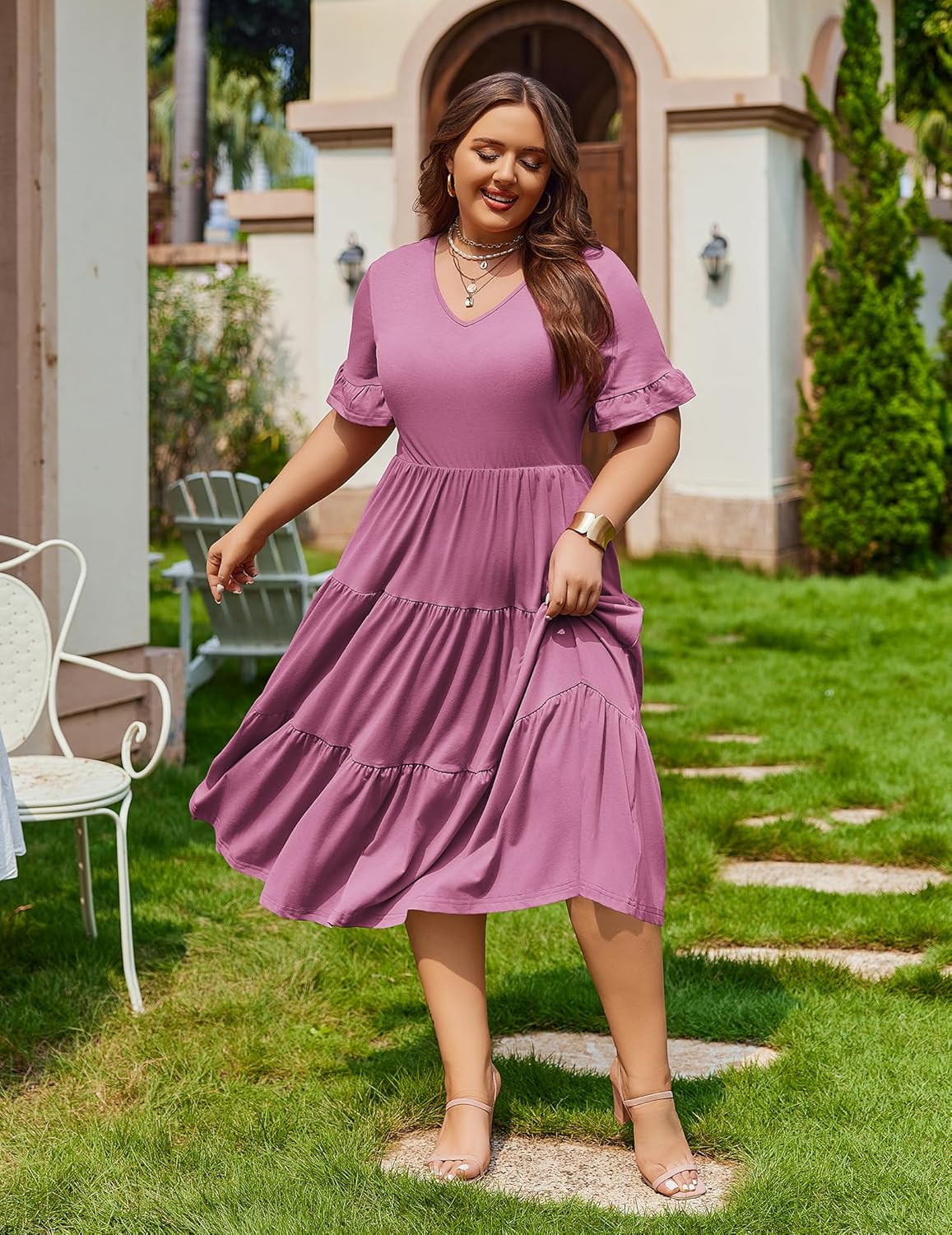 Womens Plus Size Short Sleeve Dress Summer Midi Casual Tiered V-Neck Aline Flowy Loose Dresses
