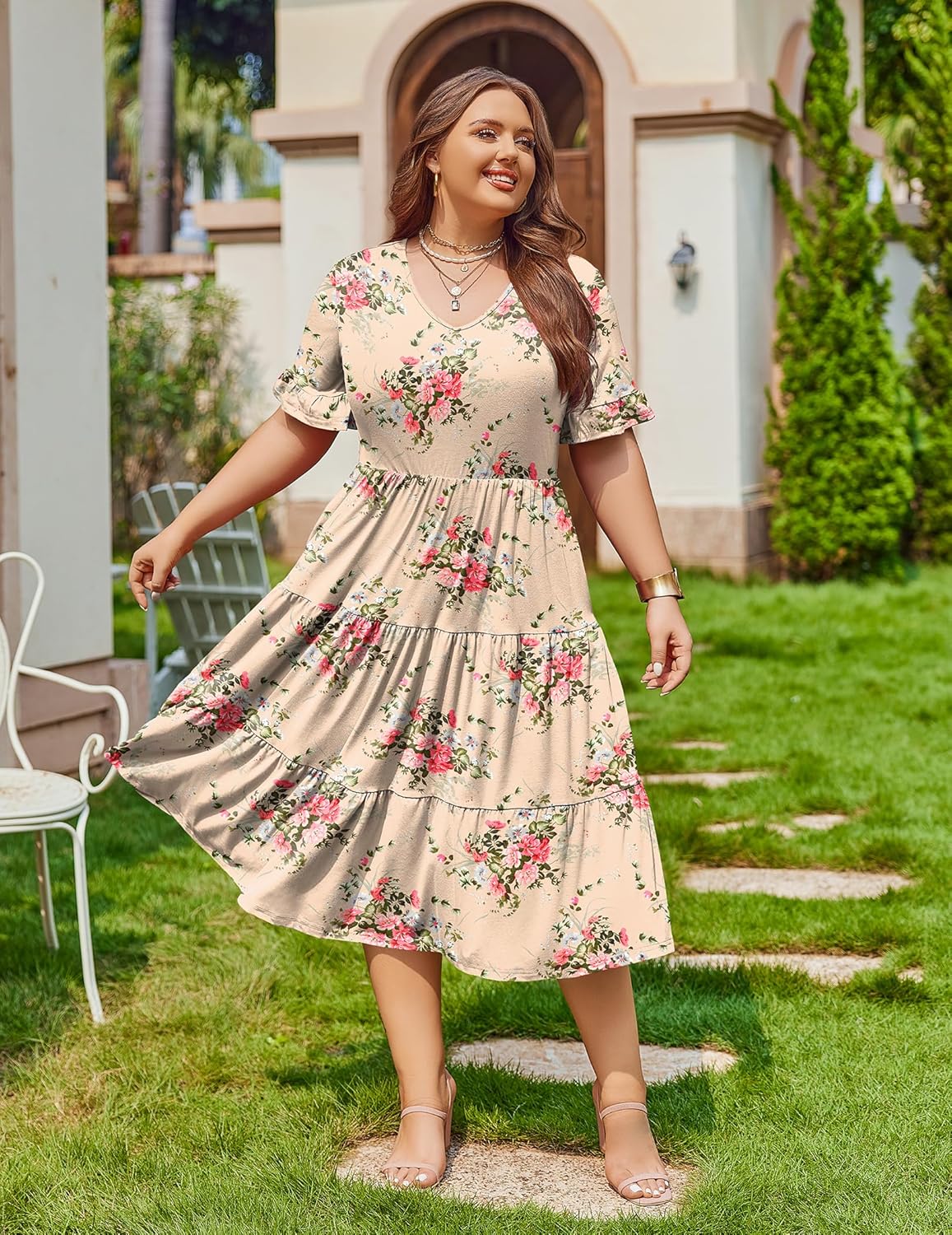 Womens Plus Size Short Sleeve Dress Summer Midi Casual Tiered V-Neck Aline Flowy Loose Dresses