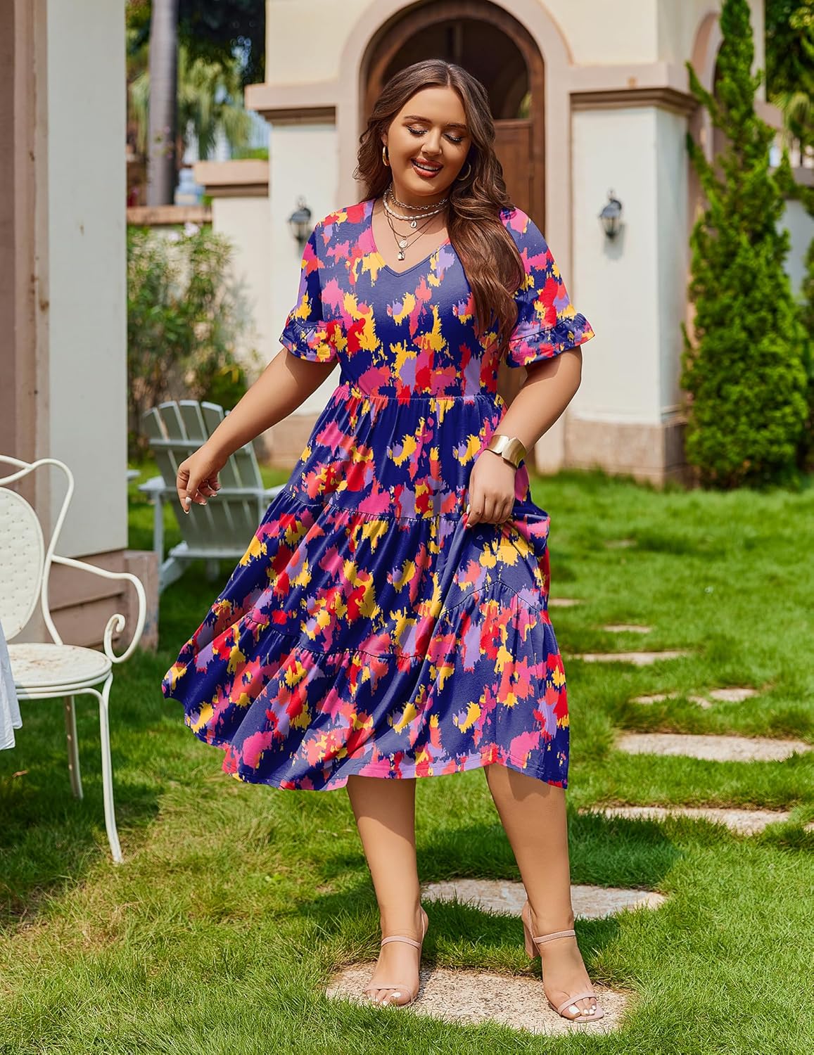 Womens Plus Size Short Sleeve Dress Summer Midi Casual Tiered V-Neck Aline Flowy Loose Dresses