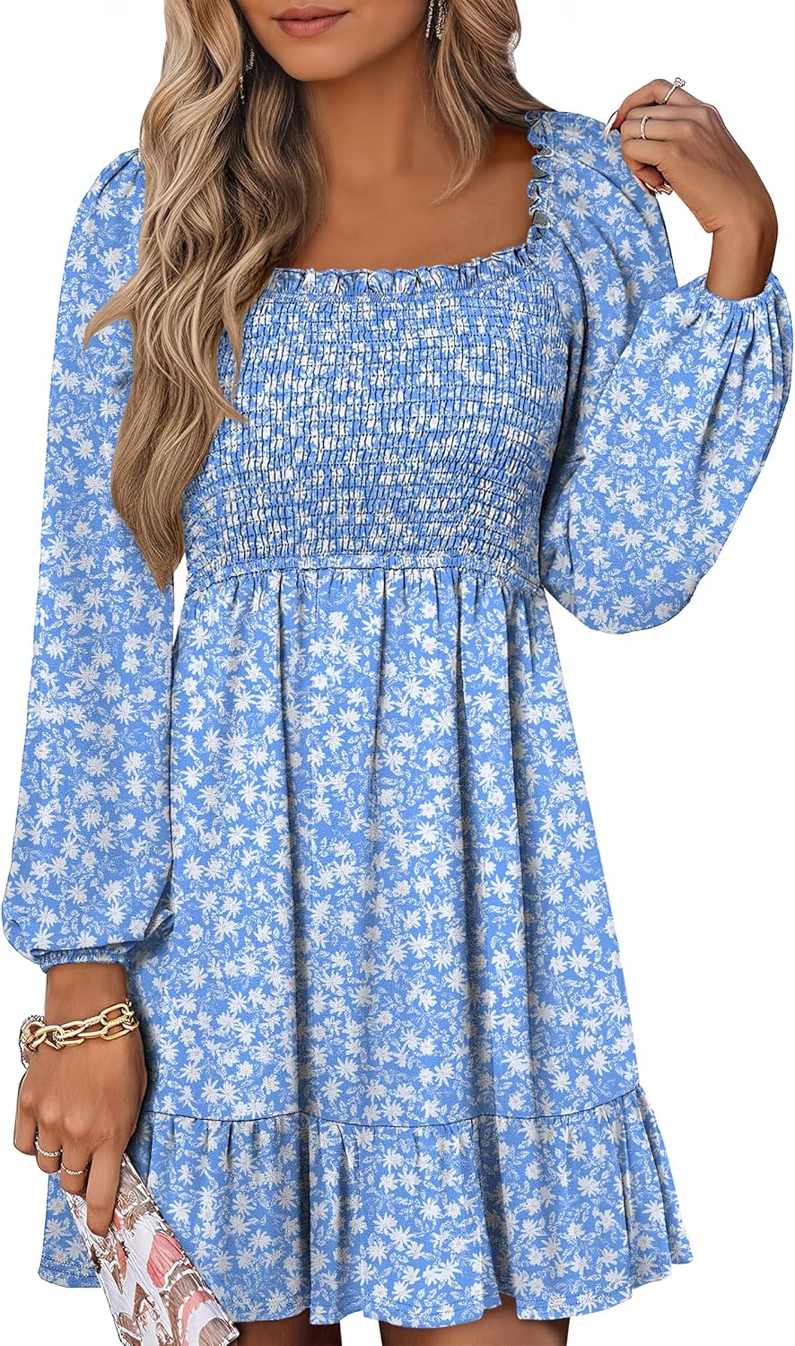 Womens Long Lantern Sleeve Square Neck Dress Smocked Tiered High Waist Ruffle Flowy Swing 2025