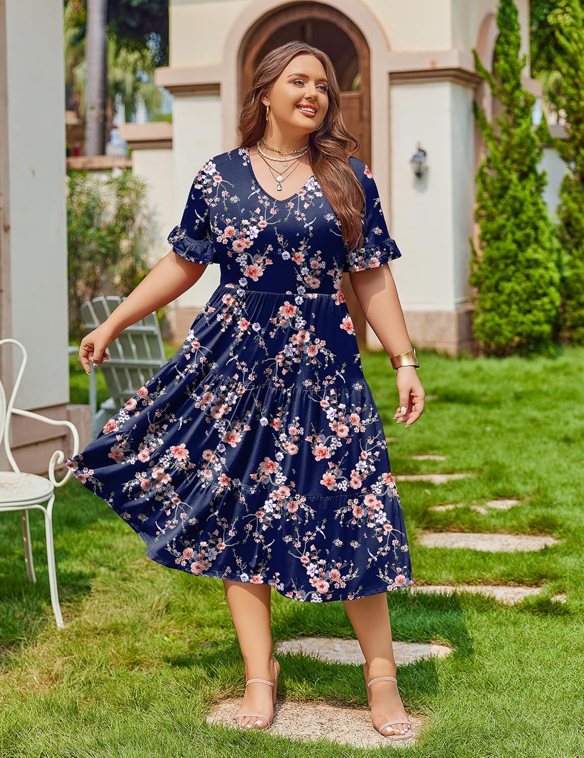 Womens Plus Size Short Sleeve Dress Summer Midi Casual Tiered V-Neck Aline Flowy Loose Dresses