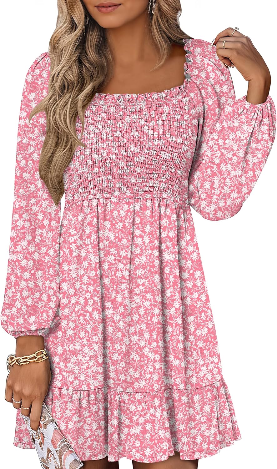 Womens Long Lantern Sleeve Square Neck Dress Smocked Tiered High Waist Ruffle Flowy Swing 2025
