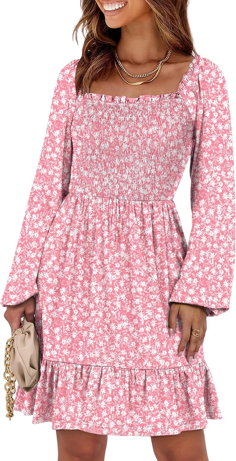 Womens Long Lantern Sleeve Square Neck Dress Smocked Tiered High Waist Ruffle Flowy Swing 2025