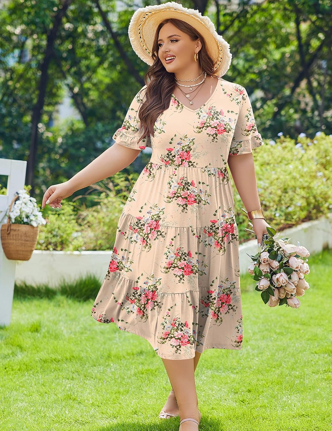 Womens Plus Size Short Sleeve Dress Summer Midi Casual Tiered V-Neck Aline Flowy Loose Dresses