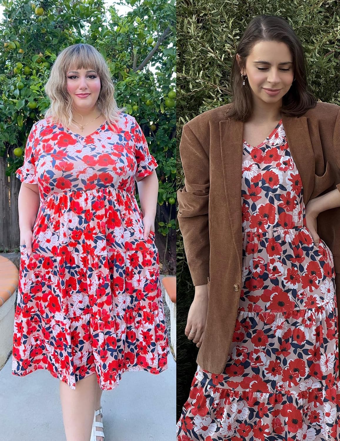 Womens Plus Size Short Sleeve Dress Summer Midi Casual Tiered V-Neck Aline Flowy Loose Dresses