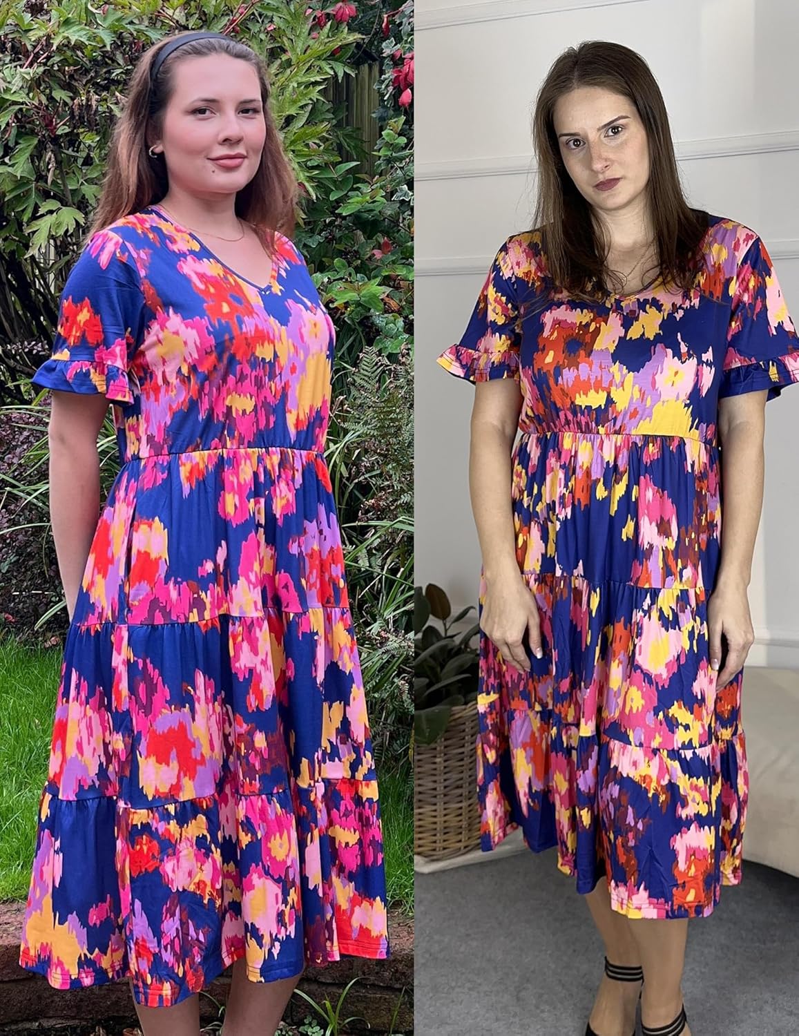 Womens Plus Size Short Sleeve Dress Summer Midi Casual Tiered V-Neck Aline Flowy Loose Dresses