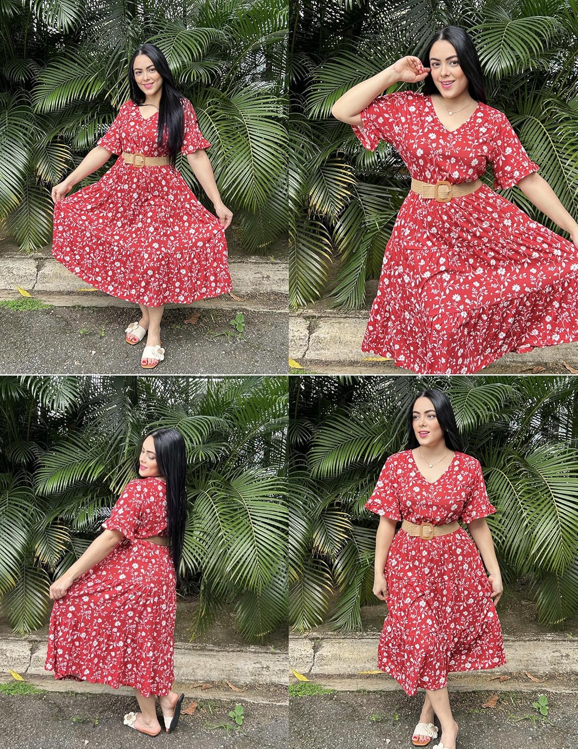 Womens Plus Size Short Sleeve Dress Summer Midi Casual Tiered V-Neck Aline Flowy Loose Dresses